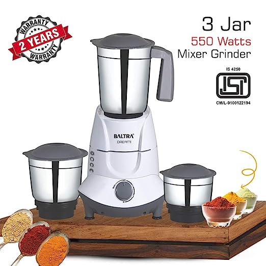 BALTRA Dream 3 Jar 550Watt Mixer Grinder, white (BMG-156) BALTRA Dream 3 Jar 550Watt Mixer Grinder, white (BMG-156)